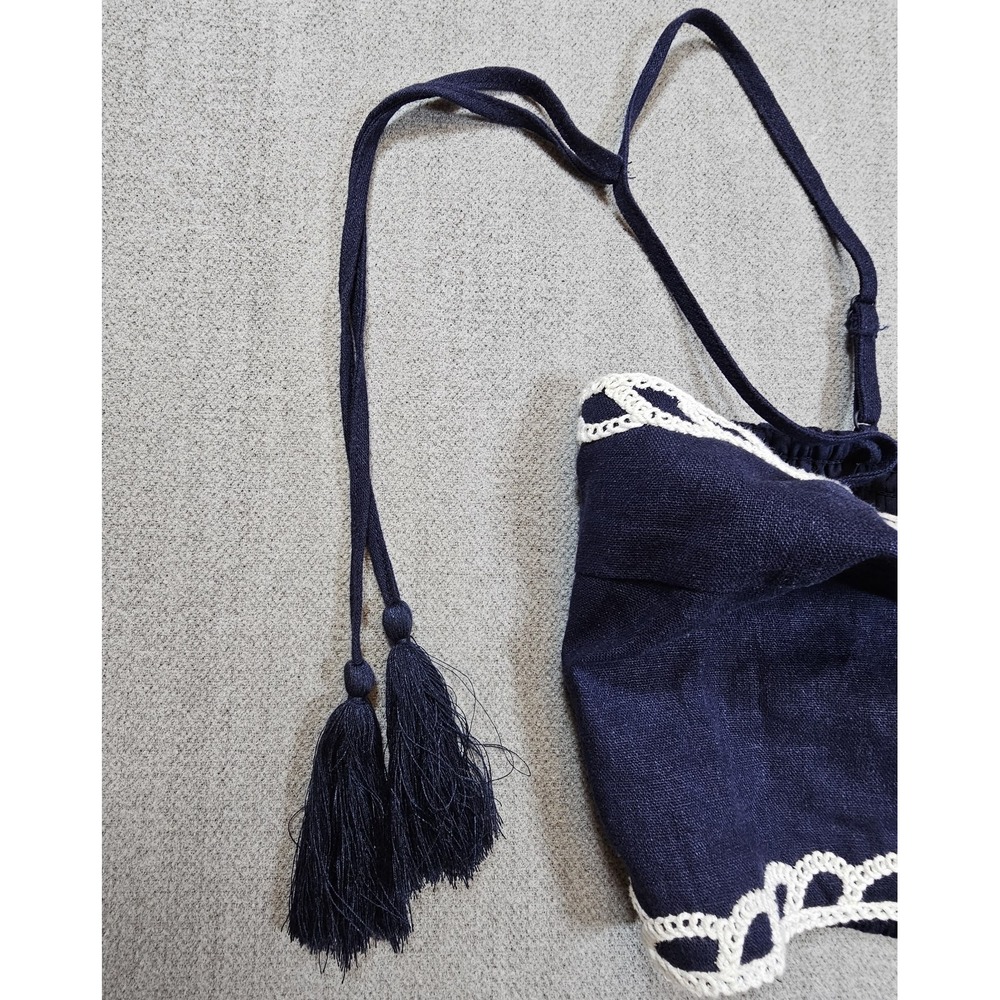 Christian Lacroix Cropped Top Women's Medium Navy Linen Lace Trim Tie Sleeveless - Picture 4 of 11